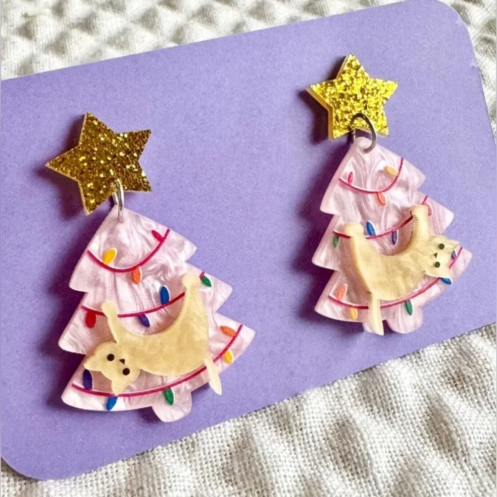 New Pink Christmas Tree w/ White Cat Pearlescent & Glitter Acrylic Earrings - 2” - Picture 2 of 6